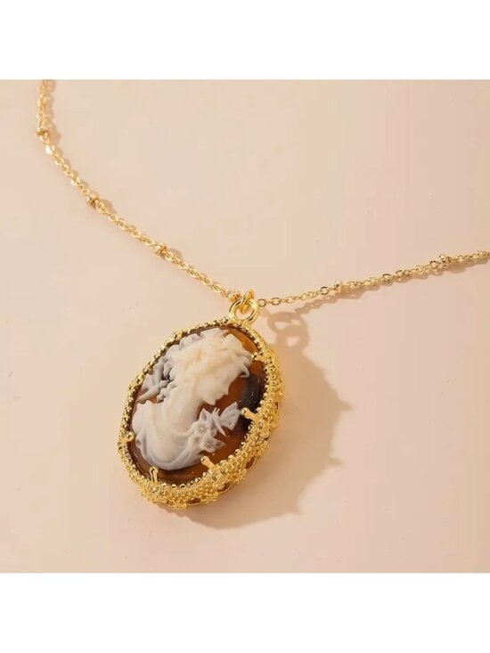 unbranded Jewelry - Amber Cameo Pendant Necklace on 16-18" Gold Tone Chain